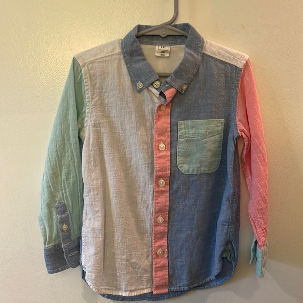 Boys linen/cotton blend color-block button down